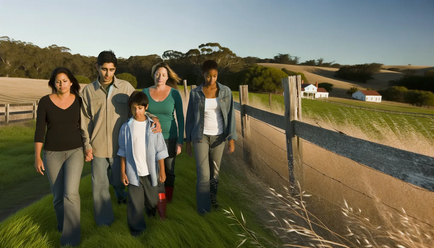 Family walking along inherited rural property