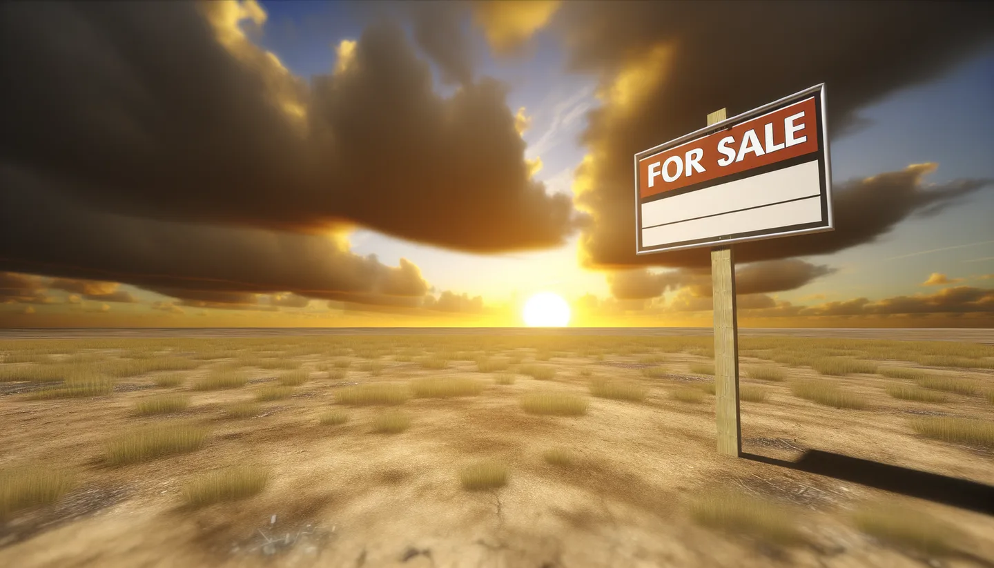 Vacant land parcel with real estate sign at golden hour