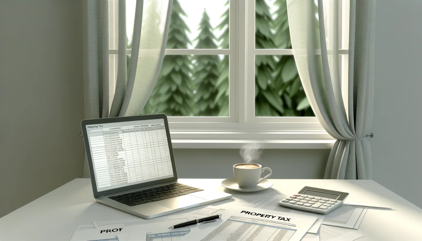 Property tax documents and laptop on a desk