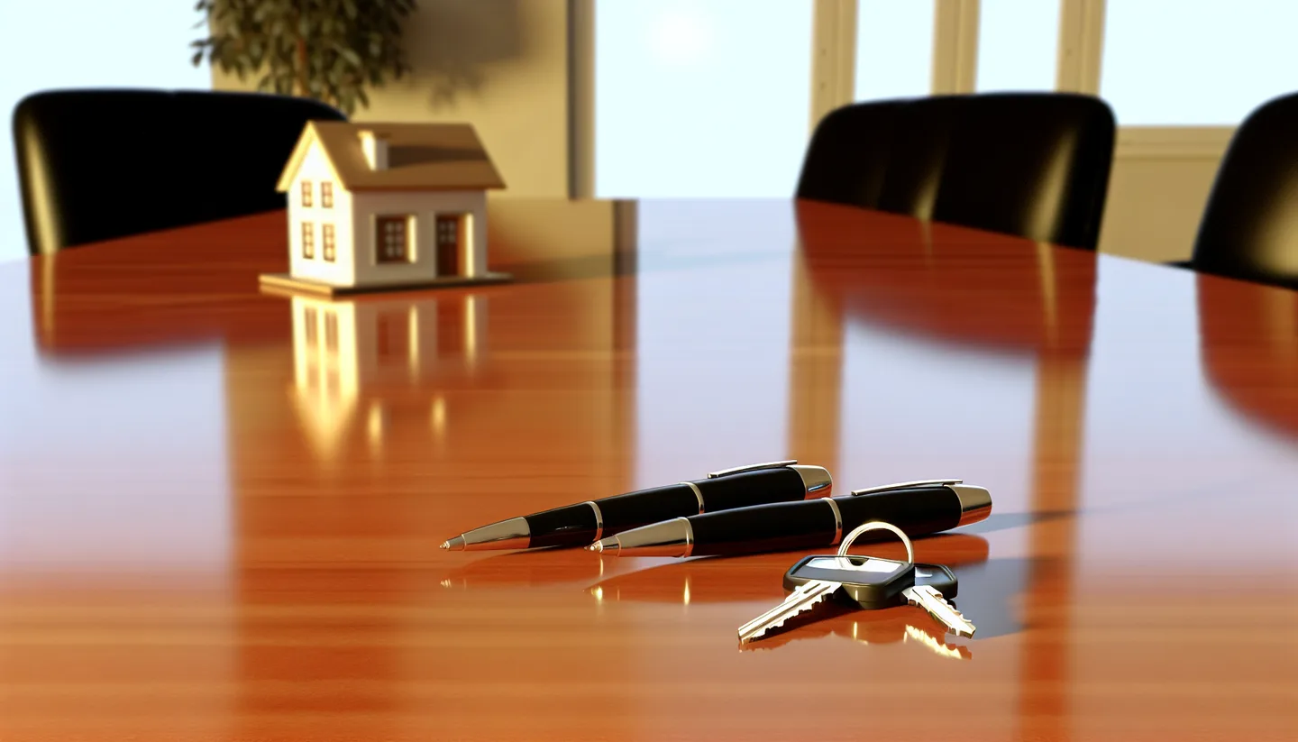 Property closing table with signed documents and keys from above