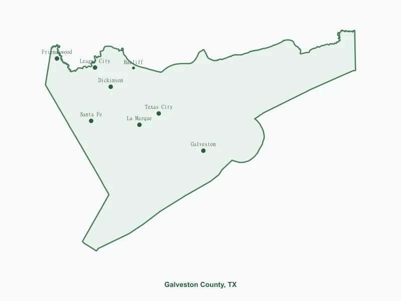 Map of Galveston County, TX showing major cities