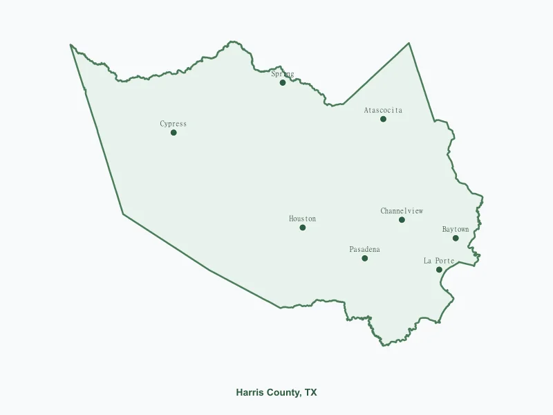 Map of Harris County, TX showing major cities