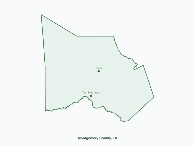 Map of Montgomery County, TX showing major cities