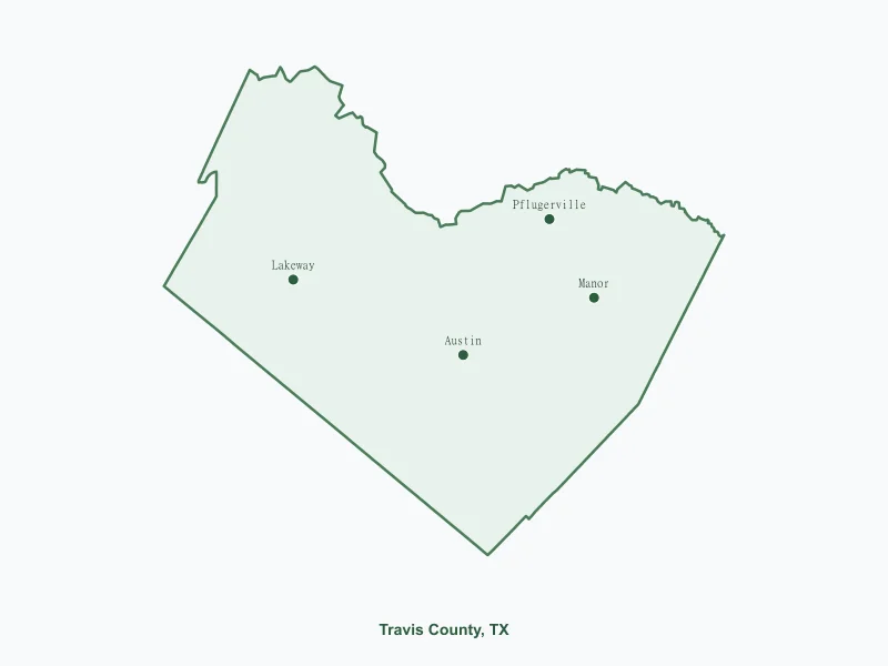 Map of Travis County, TX showing major cities