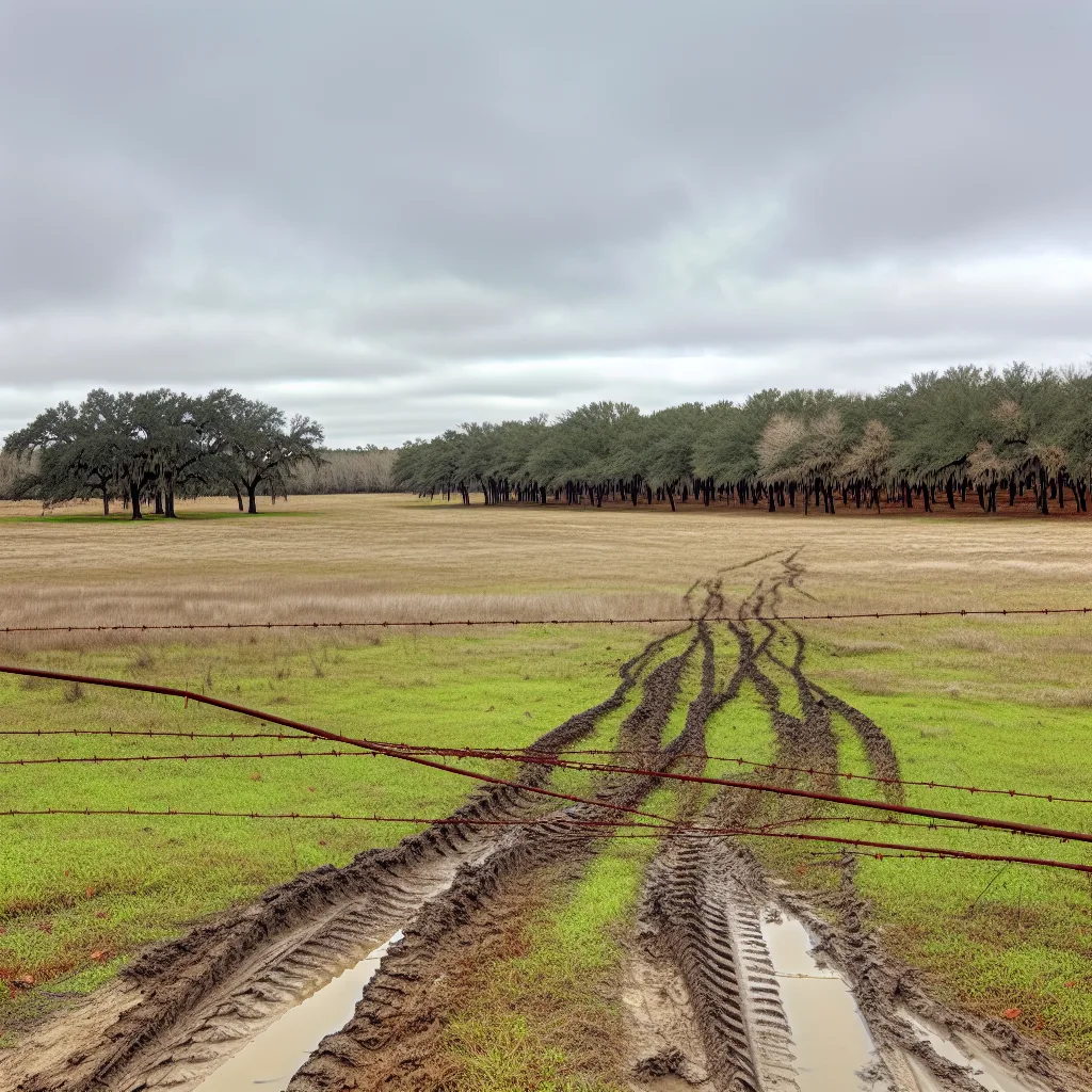 Rural acreage with open grassland and conifer forest in Harris County, Texas