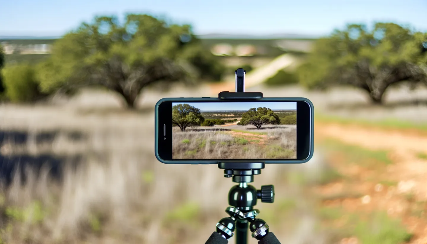 Smartphone on tripod photographing a vacant land parcel in Texas