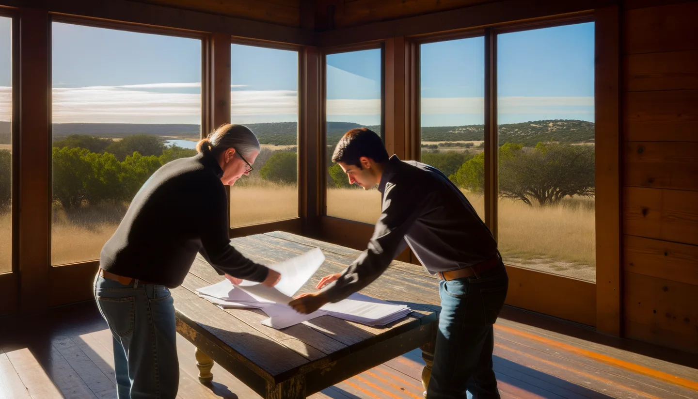 Two people reviewing land sale documents without a realtor