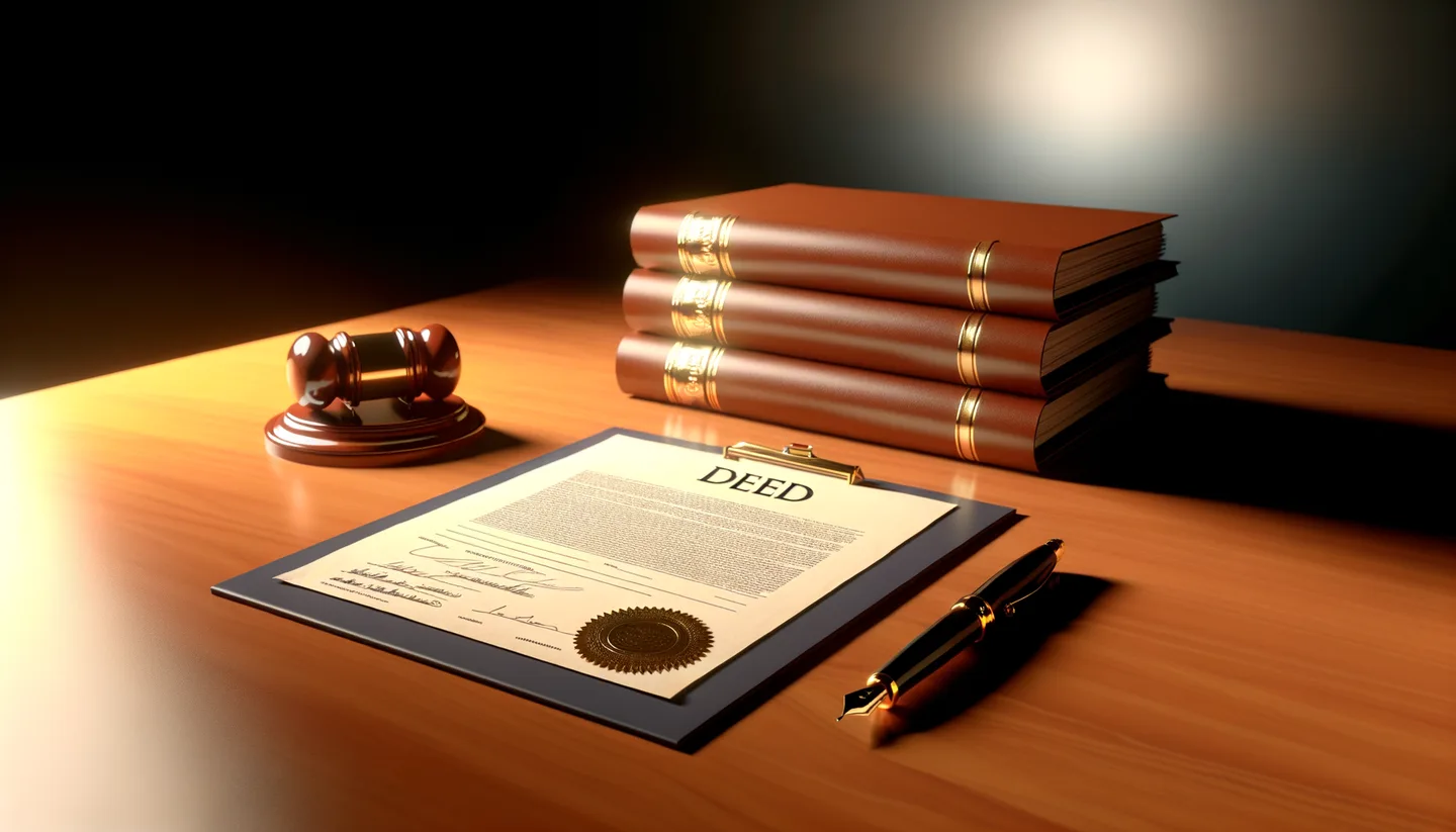 Legal land deed with notary stamp and fountain pen on desk