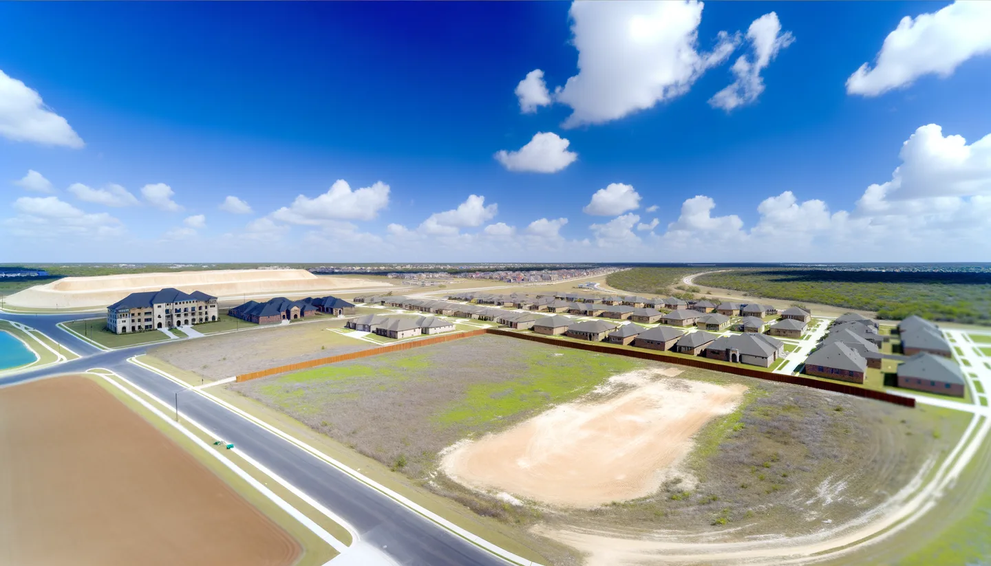 Aerial view of undeveloped land next to new construction in Texas