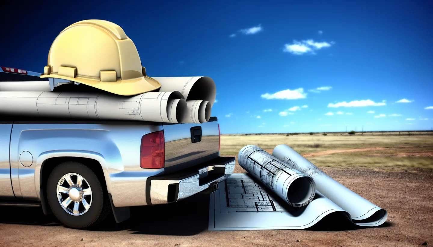 Blueprints and hard hat on a truck hood at a construction site