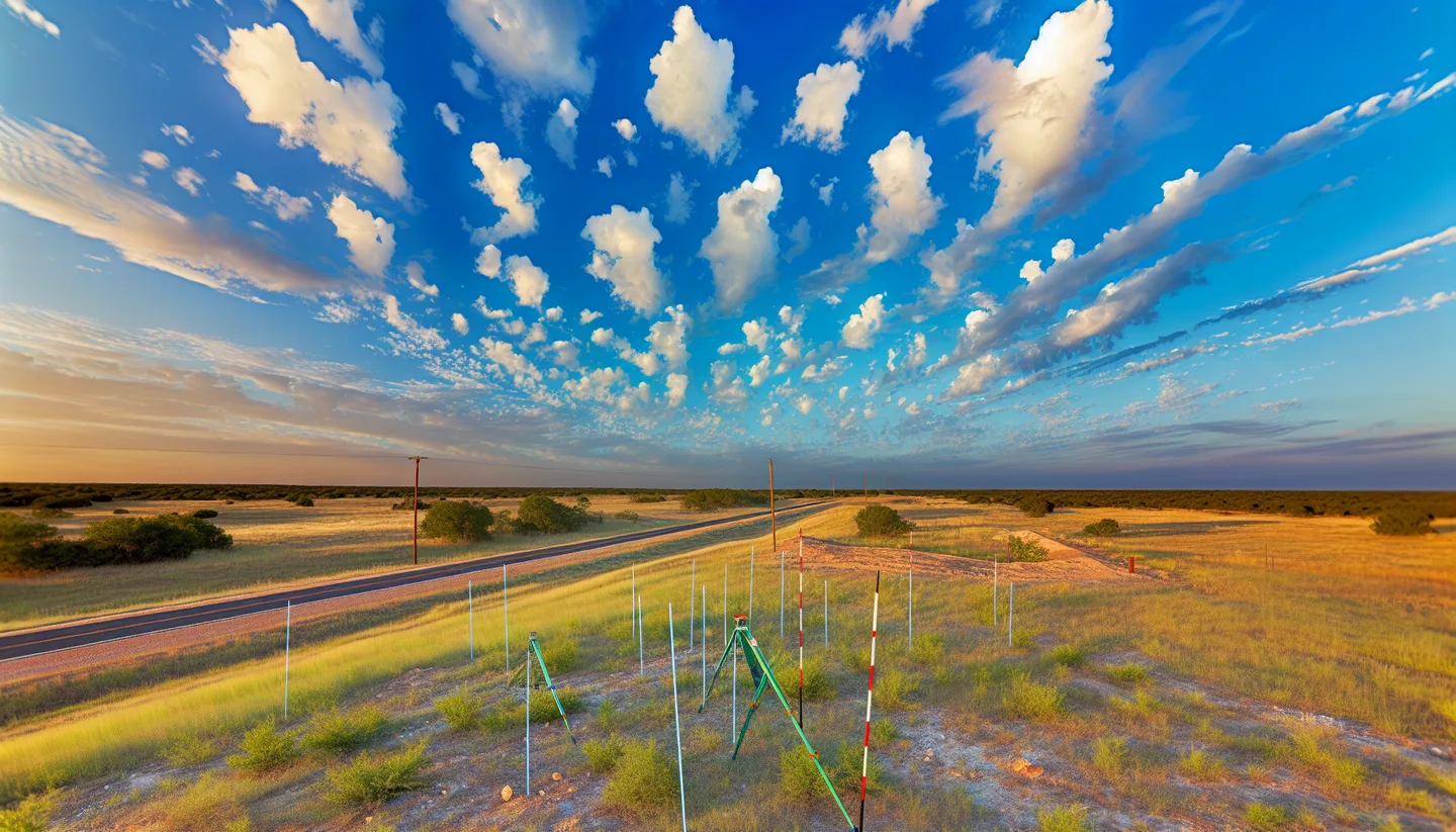 Rural Texas property with survey stakes along a county road