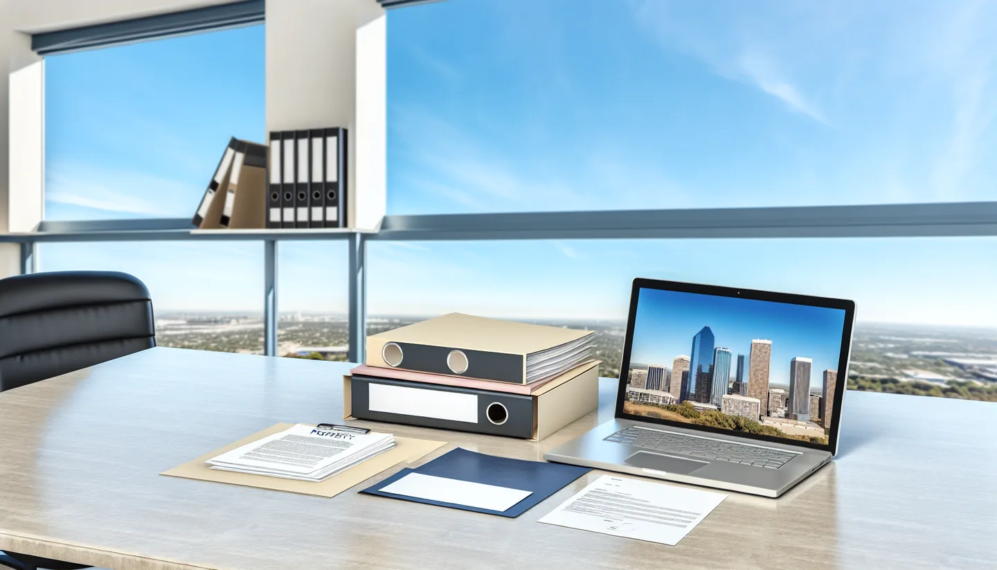 Professional office with property documents and Texas city view