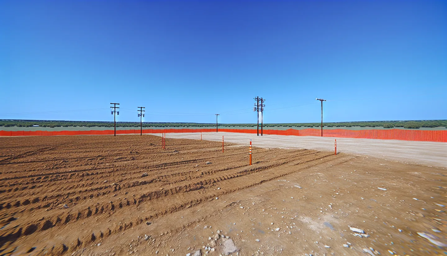 Graded construction lot with utility stakes in Texas